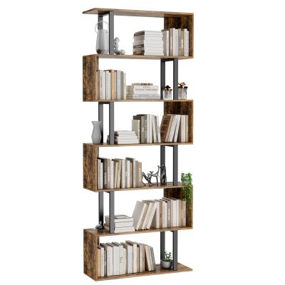 Gadroad 6 Tier Geometric Bookcase,S Shaped Bookshelf, Wood Decorative Storage Shelving, Modern Freestanding Display Shelves, Tall Book Shelf Unit for Living Room Bedroom, Rustic Brown