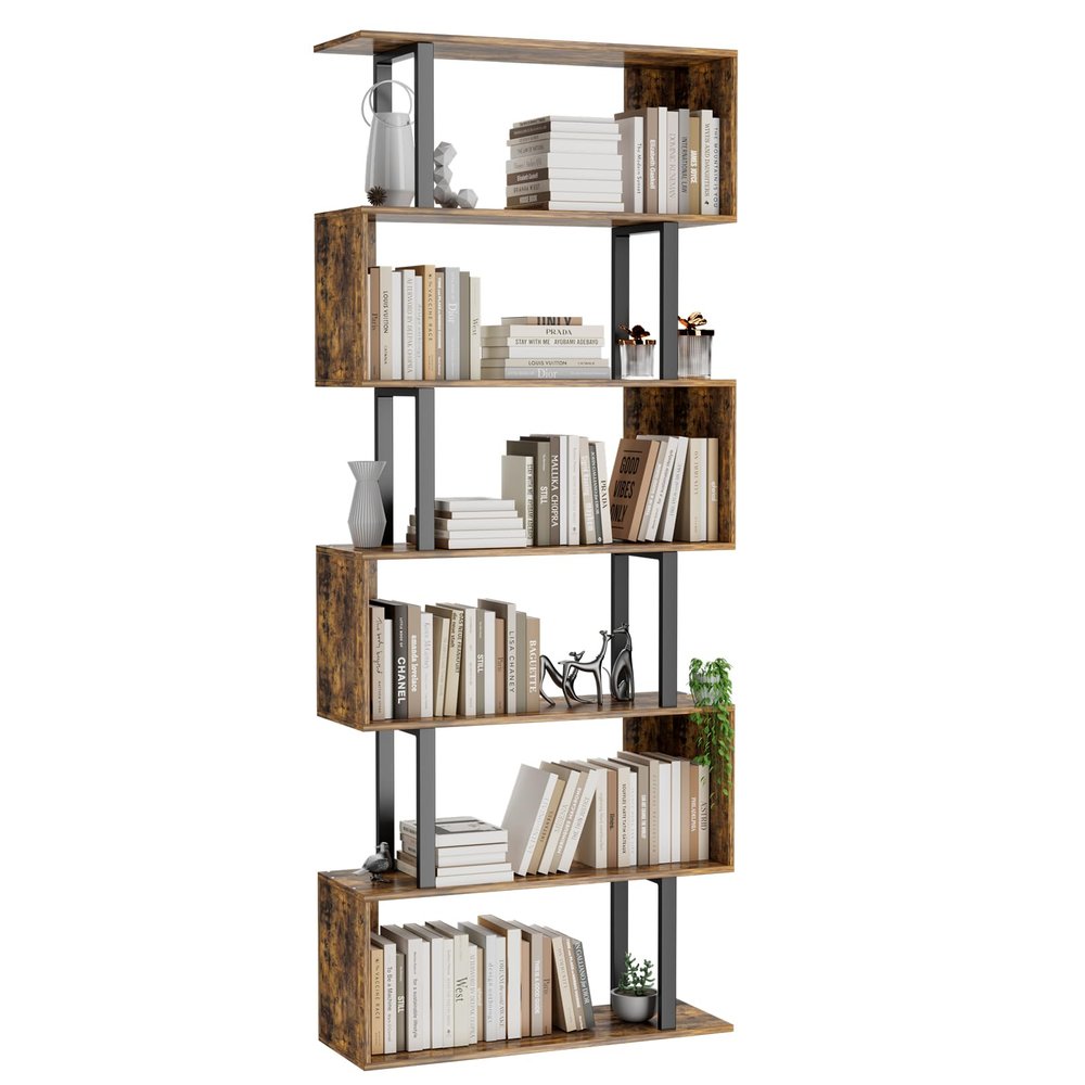 Gadroad 6 Tier Geometric Bookcase,S Shaped Bookshelf, Wood Decorative Storage Shelving, Modern Freestanding Display Shelves, Tall Book Shelf Unit for Living Room Bedroom, Rustic Brown