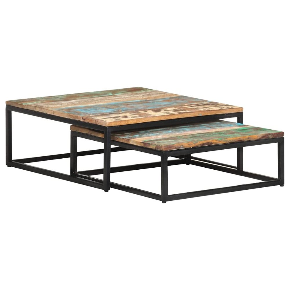 GOLINPEILO Nesting Coffee Tables Solid Reclaimed Wood Set of 2, Industrial Sofa Side Nest of Tables End Tables Black Color Frame with Wood Top for Living Room -AA