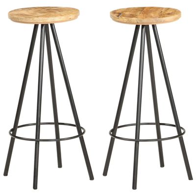 GOLINPEILO 2 pcs Wooden Bar Stools with Powder-Coated Iron Base, Rough Mango Wood -AA