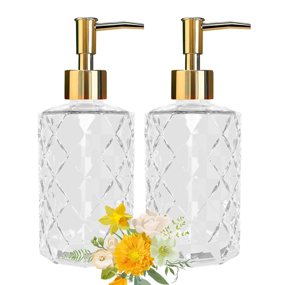 Soap Dispenser - 2 Pack, Clear Diamond Glass Refillable Hand Soap Dispensers, Hand and Dish Soap Dispenser, Soap Bottles with Gold Pump, Lotion Dispensers for Kitchen, Bathroom 330ml/12oz (Gold)