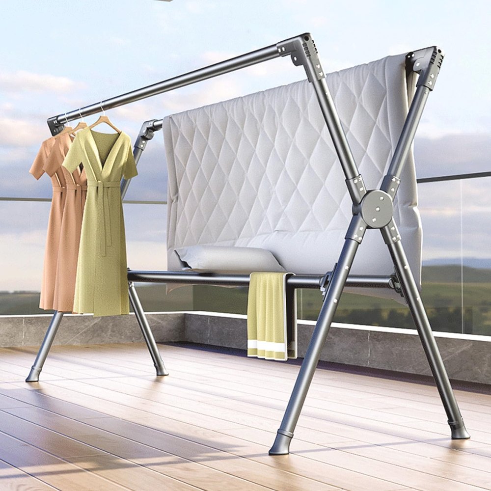 Aluminium Folding Drying Rack,Foldable Laundry Clothes Drying Rack Stand,Double Pole Drying Clothes RackBottom Mesh Tray StorageFor Drying Clothes Towels Bed LinenX-Shape Floor Drying Rack ( Color