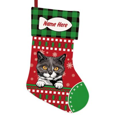 MALIHONG 1 Pack Personalized Merry Christmas Cat Stockings Britain Shorthair Cat Christmas Tree Hanging Stocking Green Buffalo Plaid Snowflake Xmas Holiday for Cat Lovers Gift 14.4 Inch