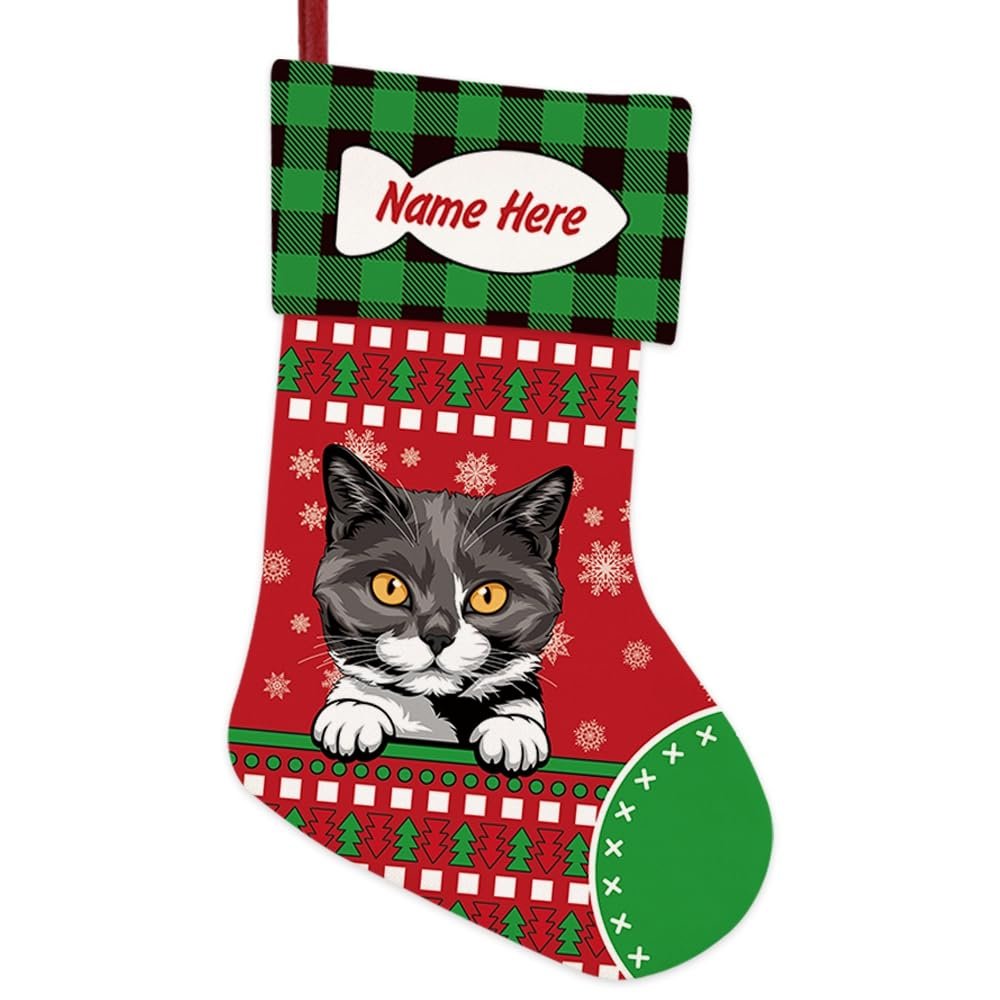 MALIHONG 1 Pack Personalized Merry Christmas Cat Stockings Britain Shorthair Cat Christmas Tree Hanging Stocking Green Buffalo Plaid Snowflake Xmas Holiday for Cat Lovers Gift 14.4 Inch