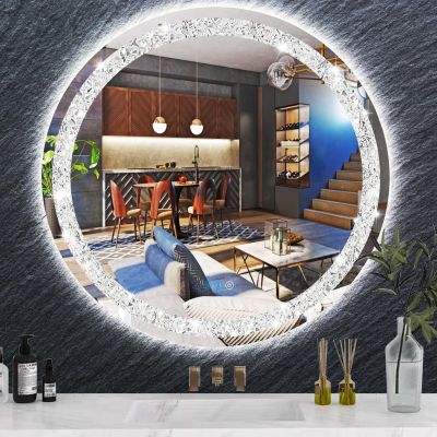 THEKLA 30 inch Crystal Round Lighted Mirror for Bathroom Makeup Wall Mounted Crystal Round Vanity Mirror with Lights Smart Memory 3 Color Dimmable AntiFog 30" Diamond Circle LED Light up Mirrors