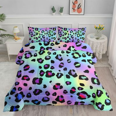 Axolotl Colorful Leopard Comforter Set Full Size,Leopard Bedding,Rainbow Gradient Comforter,Cheetah Print Bedding,Cheetah Abstract Art Bed Set for Girls Kids Boys Teens,1 Quilt 2 Pillowcases