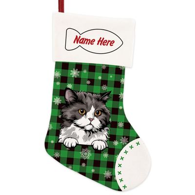 MALIHONG 1 Pack Custom Name Merry Christmas Cat Stockings Selkirk Rex Cat Christmas Tree Hanging Stocking Green Buffalo Plaid Snowflake Xmas Party Home Decor Cat Lovers Gift 14.4"