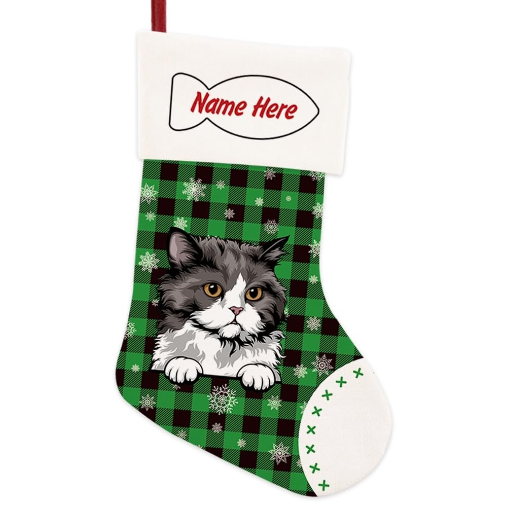 MALIHONG 1 Pack Custom Name Merry Christmas Cat Stockings Selkirk Rex Cat Christmas Tree Hanging Stocking Green Buffalo Plaid Snowflake Xmas Party Home Decor Cat Lovers Gift 14.4"