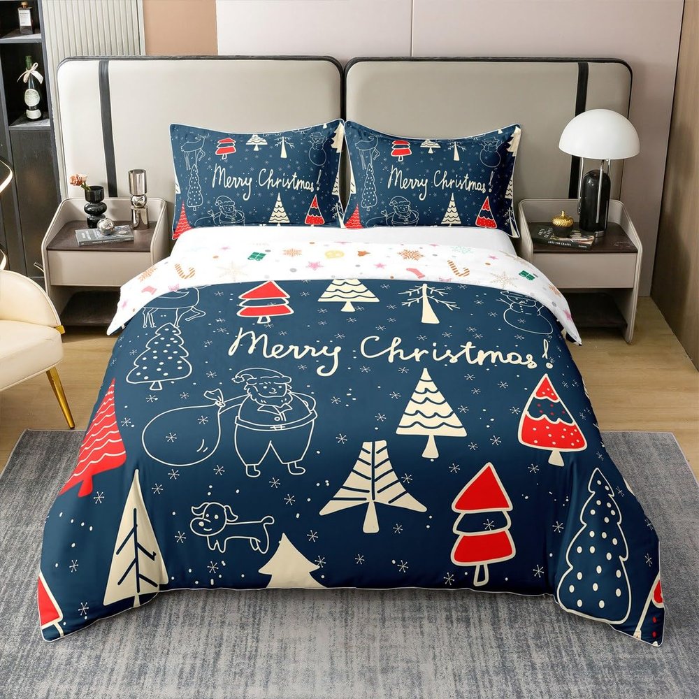Erosebridal Cartoon Snowman Deer 100% Cotton Duvet Cover for Kids Boys Girls,Xmas Pine Tree Bedding Set,Merry Christmas Comforter Cover,Winter Festivals Bed Sets with 1 Pillowcase Breathable,Twin