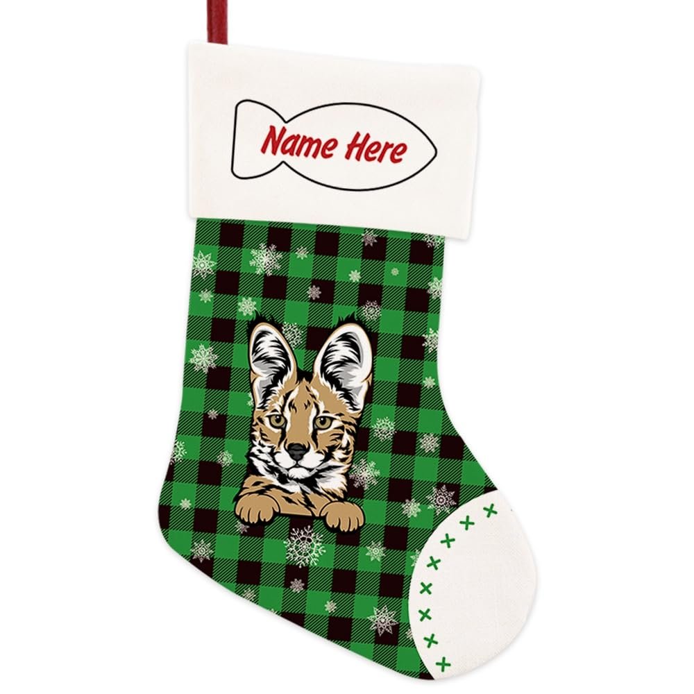 MALIHONG 1 Pack Custom Name Merry Christmas Cat Stockings Savannah Cat Christmas Tree Hanging Stocking Green Buffalo Plaid Snowflake Xmas Party Home Decor Cat Lovers Gift 14.4"