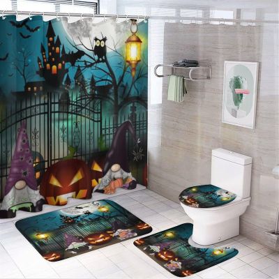 FBMLBRB Cute Gnomes Halloween 4 Pieces Shower Curtain Set,Cartoon Pumpkin Spooky Witch Ghost Horror Spider Web Bat Moon Non-Slip Rugs Toilet Lid Cover Bath Mat and Bathroom Curtain