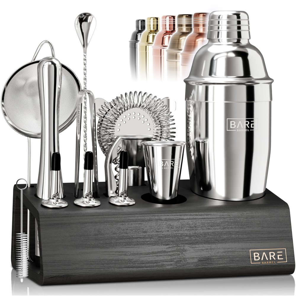 BARE BARREL Mixology Bartender Kit Bar Set | 14-Piece Cocktail Shaker Set | Martini Barware Mixing Tools for Home Bartending | Incl. 35 Recipe Cards | Gift Set (24oz Cobbler Shaker, Silver/Black)