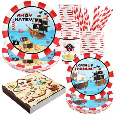 Recheel Pirate Birthday Party Supplies Decorations, Pirate Treasure Theme Paper Plates and Napkins Set with Cups and Straws for 24 Guests, 120 Pcs Disposable Party Dessert Dinnerwares