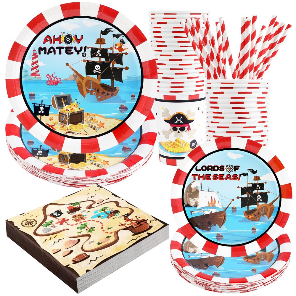 Recheel Pirate Birthday Party Supplies Decorations, Pirate Treasure Theme Paper Plates and Napkins Set with Cups and Straws for 24 Guests, 120 Pcs Disposable Party Dessert Dinnerwares