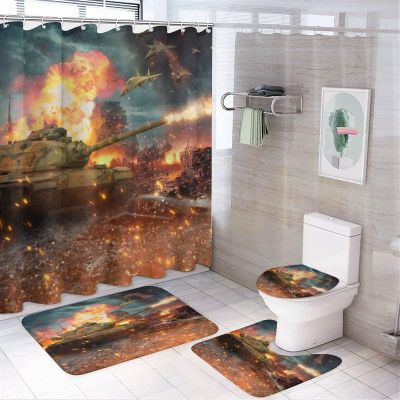 FBMLBRB Cool Fighter Airplane 4 Pieces Shower Curtain Set,Rustic Modern Tank Burning City Street Aircraft Non-Slip Rugs Toilet Lid Cover Bath Mat and Bathroom Curtain