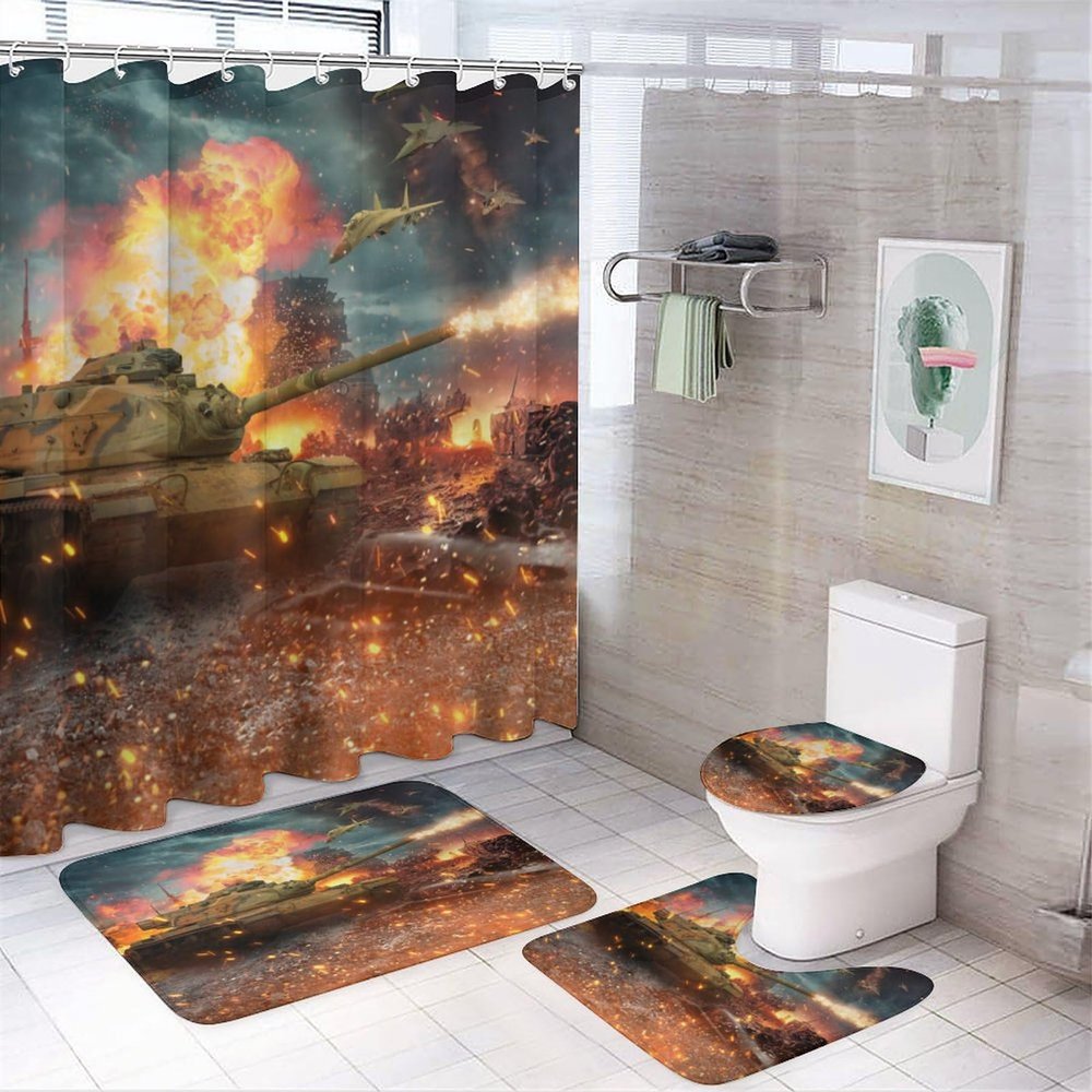 FBMLBRB Cool Fighter Airplane 4 Pieces Shower Curtain Set,Rustic Modern Tank Burning City Street Aircraft Non-Slip Rugs Toilet Lid Cover Bath Mat and Bathroom Curtain