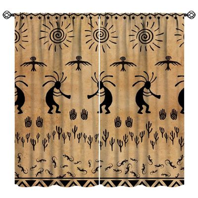 JanJCurt Southwestern Native Curtains, Navajo Ethnic Black Eagle Aztec Print Raven Bird Lizard Kokopelli with Flute Pattern Blackout Window Treatments for Living Room Bedroom, Brown Black 42x45 Inch