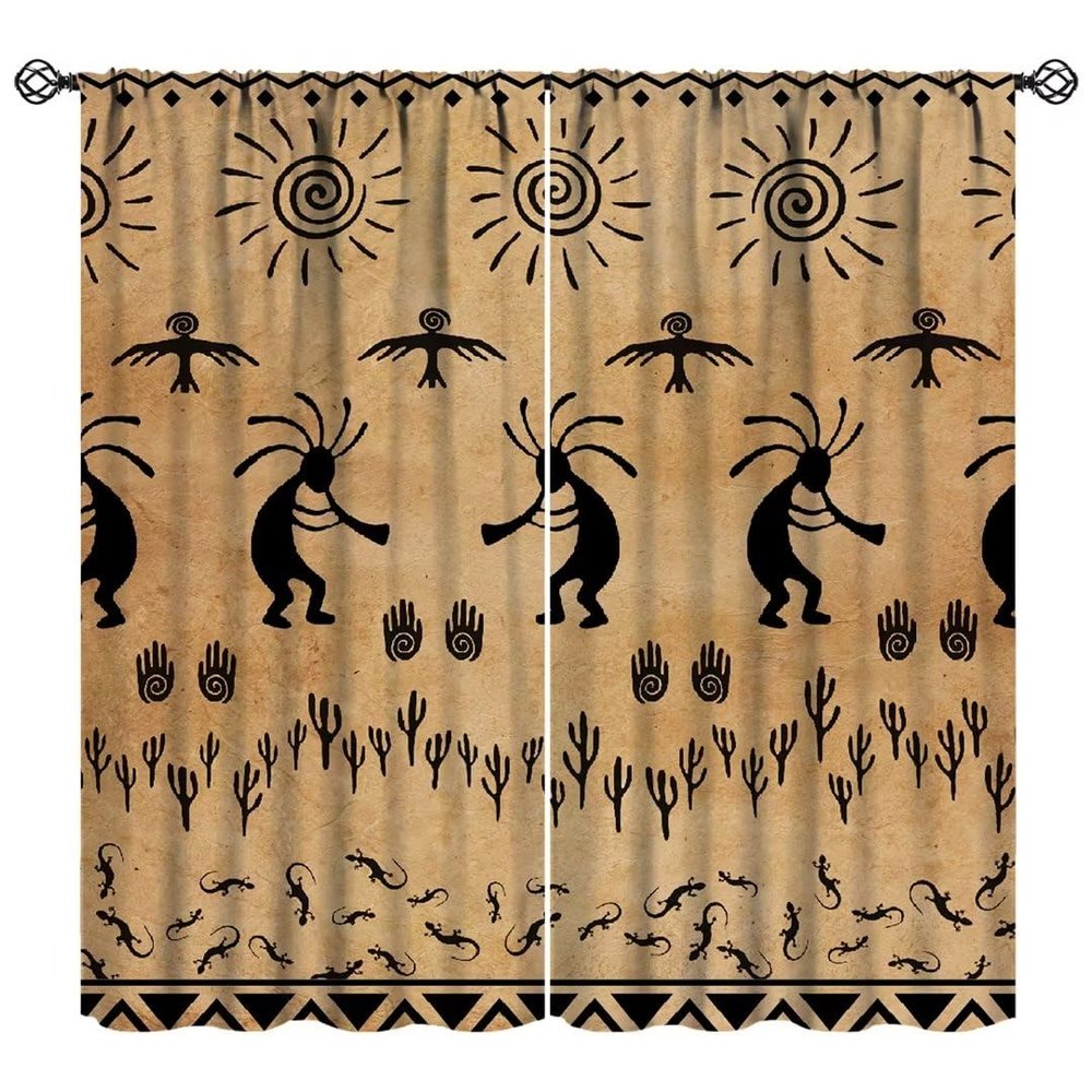 JanJCurt Southwestern Native Curtains, Navajo Ethnic Black Eagle Aztec Print Raven Bird Lizard Kokopelli with Flute Pattern Blackout Window Treatments for Living Room Bedroom, Brown Black 42x45 Inch