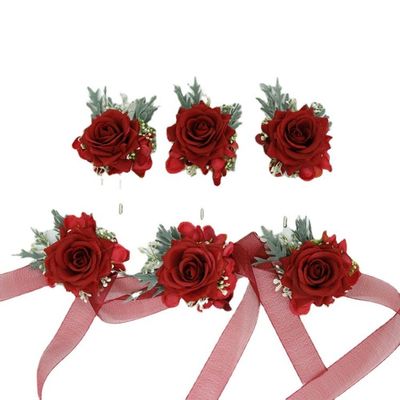 LIBERGA Set of 6 Red Wrist Corsage and Boutonniere Set for Bride Groom, Ribbon Wrist Flower for Wedding, Woman Hand Flower Men Boutonniere for Prom Party Decoration