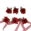LIBERGA Set of 6 Red Wrist Corsage and Boutonniere Set for Bride Groom, Ribbon Wrist Flower for Wedding, Woman Hand Flower Men Boutonniere for Prom Party Decoration view 1