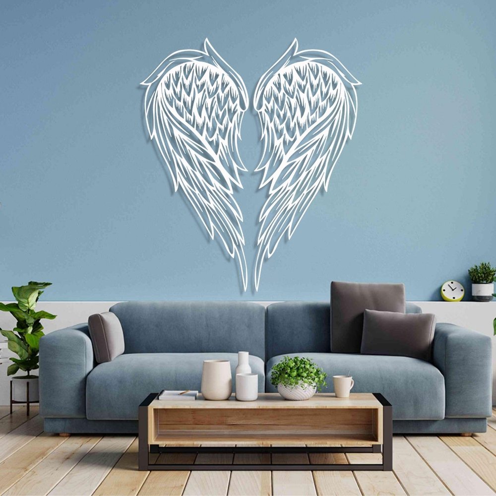 Large Angel Wings Metal Wall Art, Metal Angel Wings Wall Decor, Modern Minimalist Line Art, Feathers Sign, Guardian Artwork, Living Room, Bedroom Decor (47 x 20 in x 2pcs|120 x 51.5 cm x 2pcs, White)