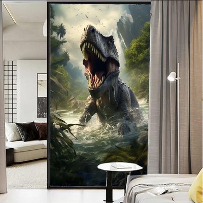 Ancient Dinosaur Window Privacy Film Stream Vintage Style Animal Rustic Stained Glass Window Film Sun Blocking Heat Control Decorative Window Covering Film for Home Office 17.7Wx23.6L