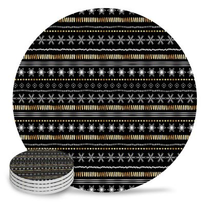 Christmas Coasters for Drinks Set of 4, Black Christmas White Snowflake Gold Stripe Ceramic Cup Mat, Absorbent Ceramic Stone Coasters with Cork Base for Coffee, Cups, Wooden Table, Home Decor 4 Inch