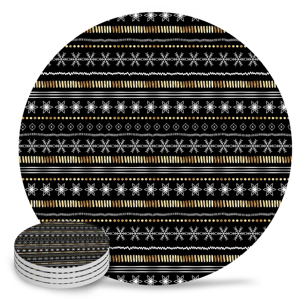 Christmas Coasters for Drinks Set of 4, Black Christmas White Snowflake Gold Stripe Ceramic Cup Mat, Absorbent Ceramic Stone Coasters with Cork Base for Coffee, Cups, Wooden Table, Home Decor 4 Inch