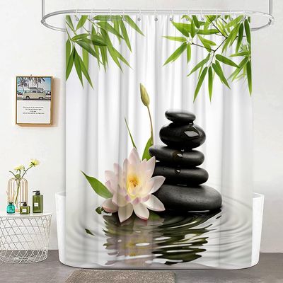 JEJOMEAG Zen Stones Shower Curtain Bamboo Leaves Lotus Flower Relaxing Meditation Japanese Garden Nature Scenery Fabric Bathroom Curtain with Hooks