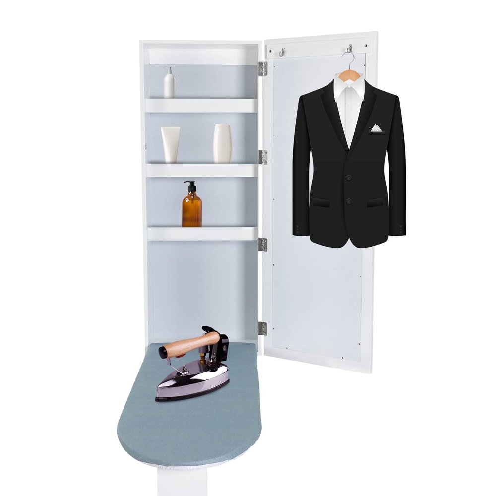 LyeXD Wall-Mounted Ironing Board Cabinet, Foldable Ironing Storage Station w/Built-in Ironing Board, Mirror & Folding Support Leg,White Ironing Board Cabinet Storage Station for Home, Apartment