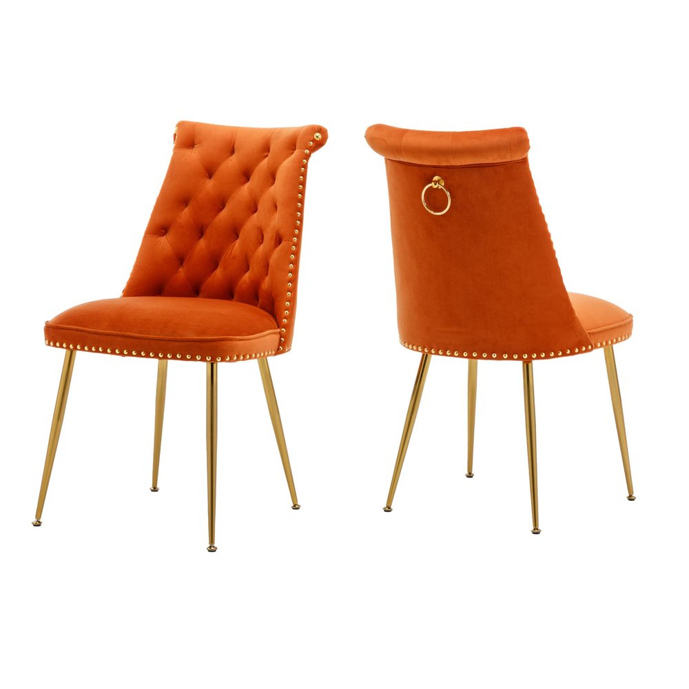 Clihome Velvet Dining Chairs Set of 2Orange Upholstered High Back Chairs for BedroomsLiving Room, Dining Room, KitchenModern Metal Chairs with Gold Handle and Gold Legs