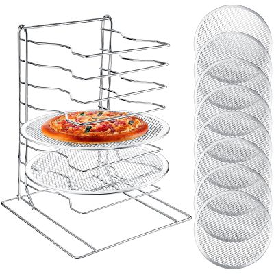 Zhehao Pizza Rack 8 Tiered Stand 16.7'' H x 12'' L x 12'' W and 8 Pcs Pans with Holes, Aluminum Baking Set for Easy Storage and Baking Multiple Pizzas