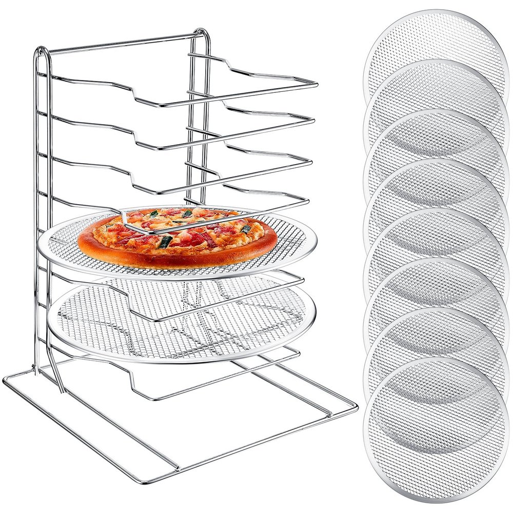 Zhehao Pizza Rack 8 Tiered Stand 16.7'' H x 12'' L x 12'' W and 8 Pcs Pans with Holes, Aluminum Baking Set for Easy Storage and Baking Multiple Pizzas