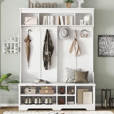 59" Wide Hall Tree with Metal Hooks and Storage Space, Modern Hallway Hall Tree with Shoe Cubbies, Multi-Functional Entryway Coat Rack for Hallway Living Room Bedroom (White, Shoe Cubbies, 24)