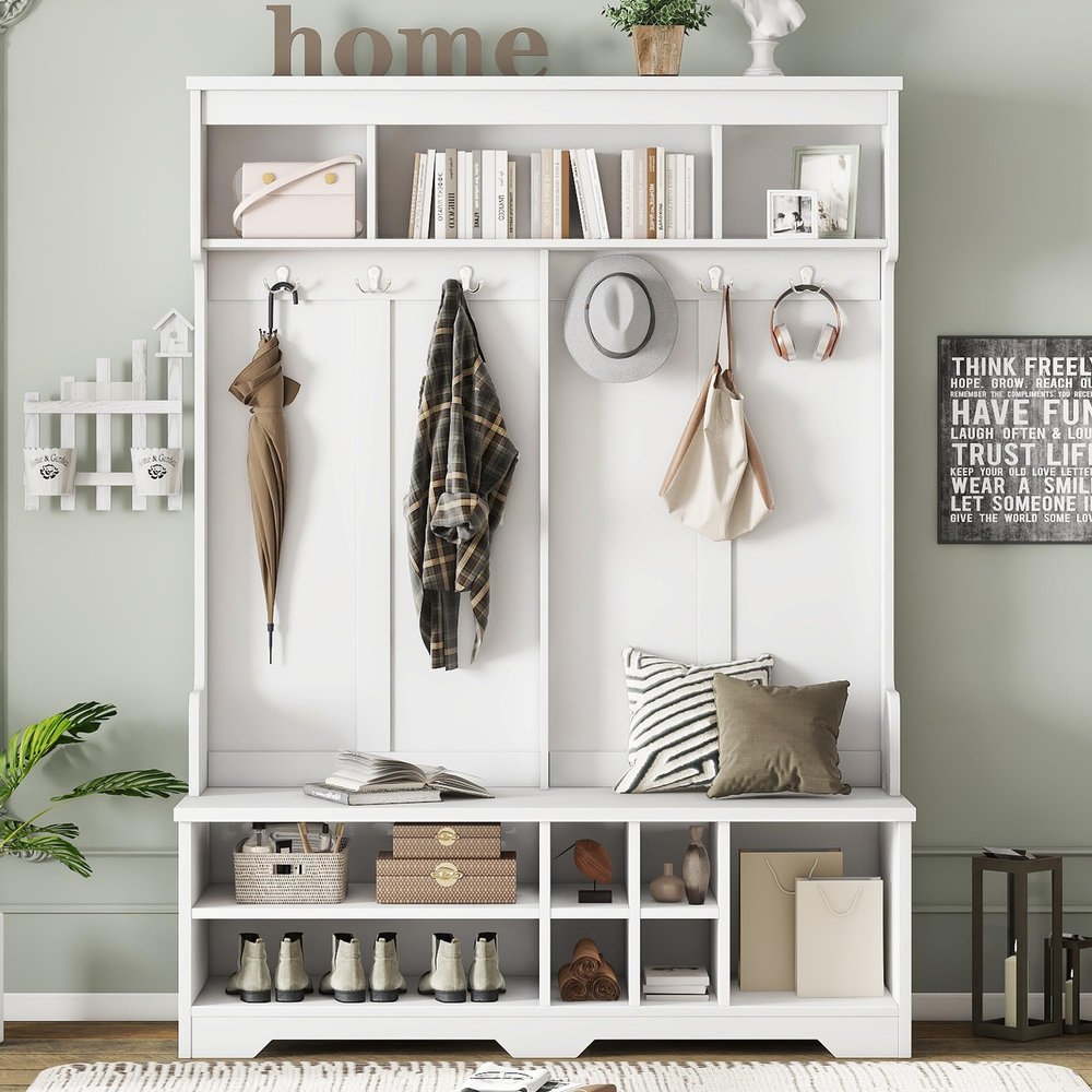 59" Wide Hall Tree with Metal Hooks and Storage Space, Modern Hallway Hall Tree with Shoe Cubbies, Multi-Functional Entryway Coat Rack for Hallway Living Room Bedroom (White, Shoe Cubbies, 24)