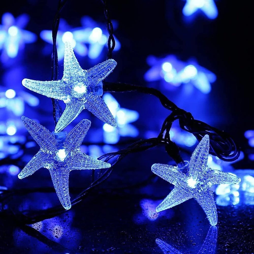 LIQS Solar Starfish String Lights, Waterproof 20ft 30 LED Starfish Fairy Lights with 2 Modes Starfish Christmas Lights for Garden Wedding Party and Holiday Decorations (15.7ft 20LED, Blue)