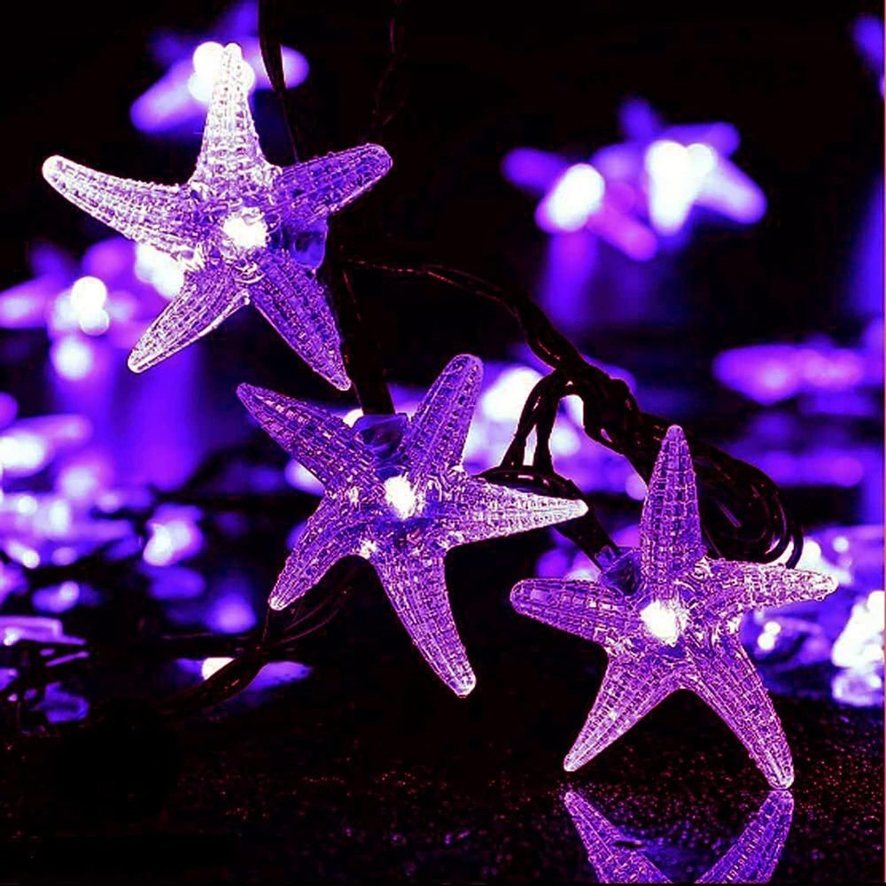 LIQS Solar Starfish String Lights, Waterproof 20ft 30 LED Starfish Fairy Lights with 2 Modes Starfish Christmas Lights for Garden Wedding Party and Holiday Decorations (15.7ft 20LED, Purple)
