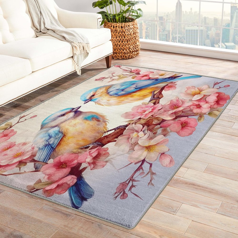 Bird Rug 2x3 ft, Floral Area Rug, Flower Rugs for Entryway Living Room Bedroom, Spring Carpet, Kids Room Decor for Boys Girls, Washable Non Slip Soft Low Pile Indoor Door Mat