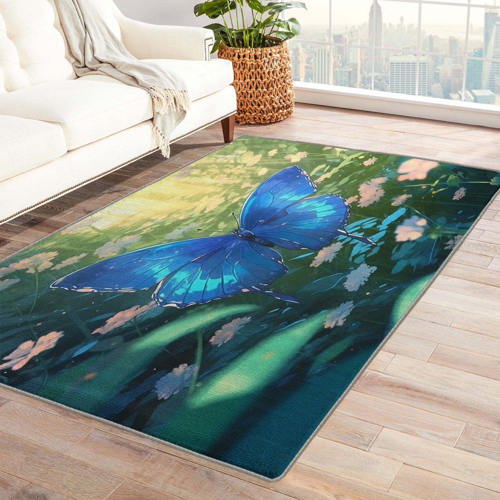 Butterfly Rug 4x6 ft, Floral Area Rug, Butterflies Rugs for Living Room Bedroom, Butterfly Carpet, Kids Room Decor for Boys Girls, Washable Non Slip Soft Low Pile Indoor Area Rugs