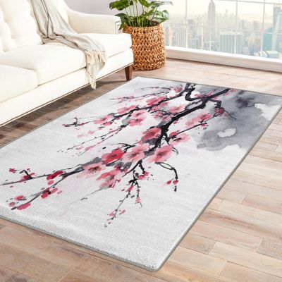 Cherry Blossom Rug 6x8 ft, Area Rug, Japanese Rugs for Living Room Bedroom, Ink Painting Carpet, Kids Room Decor for Boys Girls, Washable Non Slip Soft Low Pile Indoor Area Rugs
