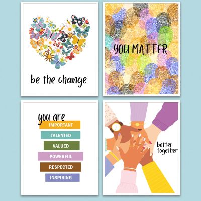 4 PCS Inclusive Classroom Wall Art Encouragement Diversity Nursery Wall Decor, Unframed, Inspirational Human Equality Diversity Prints Painting Artwork for Office Classroom Bedroom Home, 8x10 inch