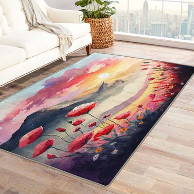 Poppy Rug 4x6 ft, Poppy Flower Area Rug, Red Poppies Rugs for Living Room Bedroom, Watercolor Floral Carpet, Kids Room Decor for Boys Girls, Washable Non Slip Soft Low Pile Indoor Area Rugs