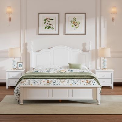 Aiuyesuo 3-Pieces Bedroom Sets, Queen Size Wood Platform Bed and 2 Nightstands, Retro Style Platform Bed with Wooden Slat Support and Headboard,No Box Spring Needed, Easy Assembly (White-D13M)
