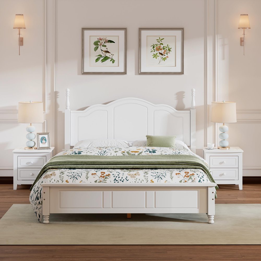 Aiuyesuo 3-Pieces Bedroom Sets, Queen Size Wood Platform Bed and 2 Nightstands, Retro Style Platform Bed with Wooden Slat Support and Headboard,No Box Spring Needed, Easy Assembly (White-D13M)