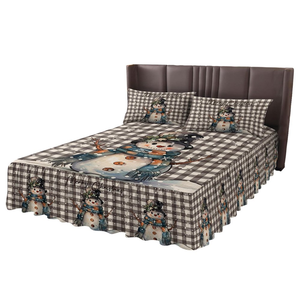 Buffalo Plaid Snowman Wrap Around Pleated Bed Skirts for Queen Bed 60x80, Decorative Dust Ruffle Bed Sheet & Bedskirt 18'' Drop Bedspread with Pillow Case 20x30 Christmas Snowflake Grey Lattice