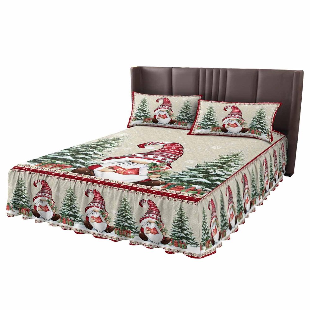Christmas Southwest Wrap Around Pleated Bed Skirts for Cal.King Bed 72x84, Decorative Dust Ruffle Bed Sheet & Bedskirt 18'' Drop Bedspread with Pillow Case 20x36 Luxury Gnomes Pine Tree
