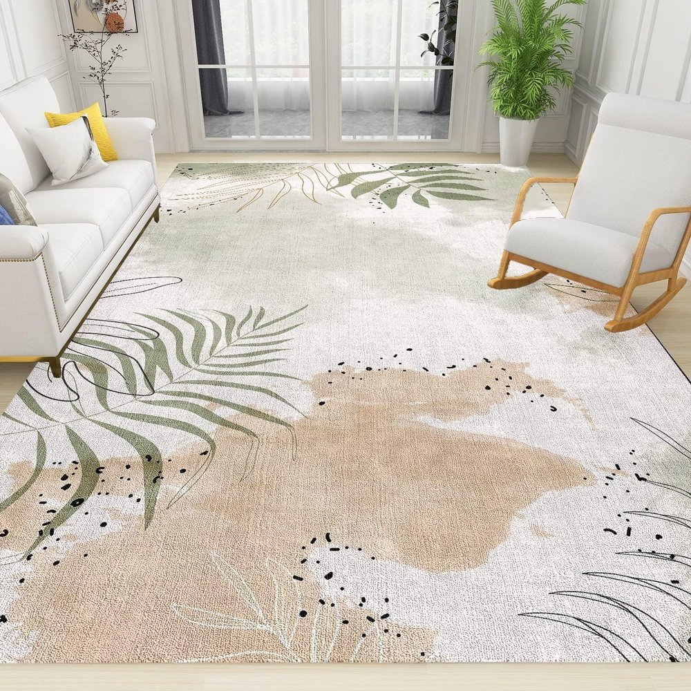 ELLECO Abstract Plant Leaf Area Rugs, Minimalist Modern Plant Indoor Non-Slip Kids Rug, Upholstery Rug with Non-Slip Backing for Kids Boys Girls Bedroom Living Room Dining Room Study 4ftx6ft