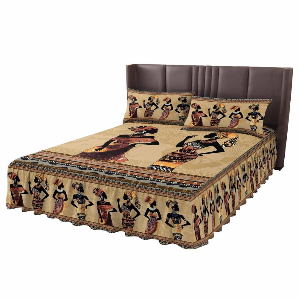 African Women Wrap Around Pleated Bed Skirts for Full Bed 54x75, Decorative Dust Ruffle Bed Sheet & Bedskirt 18'' Drop Bedspread with Pillow Case 20x30 Native American Indian Rustic Tribal Ethnic
