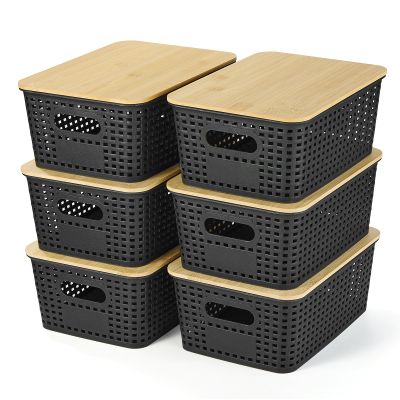 Ohmlove Plastic Storage Baskets With Bamboo Lid - Plastic Storage Containers Stackable Storage bins: Storage Baskets for Organizing Shelves Drawers Desktop Closet Playroom Classroom Office, 6 Pack
