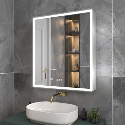 ExBrite 28"x32" Lighted Medicine Cabinet, Recessed/Surface LED Mirror Cabinet with Defog, Stepless Dimming, 3-Color Temp, Built-in Dual 1800W Power Outlets & 6000K Sensor Light